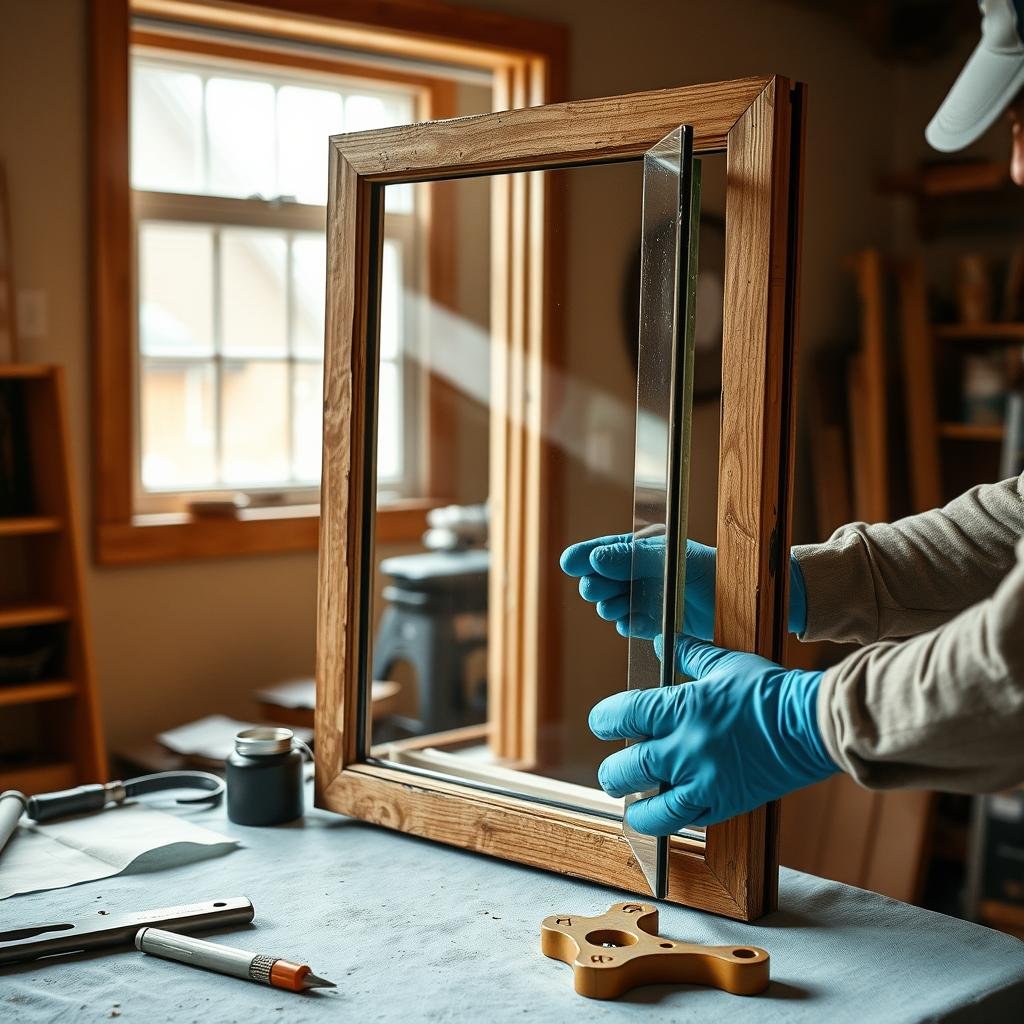 Professional glazier installing an insulated glass unit in an existing residential window frame - the precision and tooling required explains why DIY foggy window replacement so often goes wrong