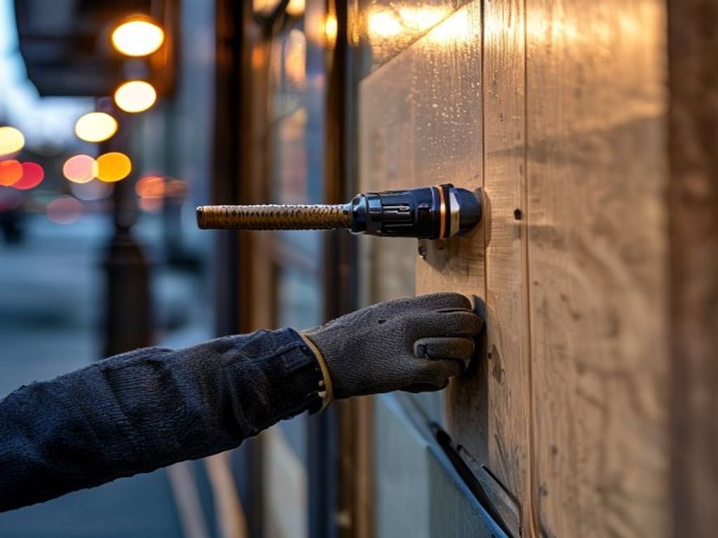 Close-up of a glazier fastening a plywood board-up into aluminum storefront framing at dusk