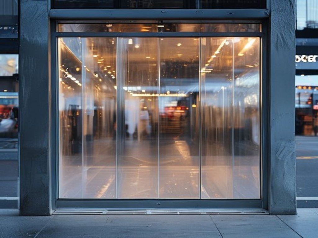 Clear polycarbonate temporary panel in a storefront frame at dusk