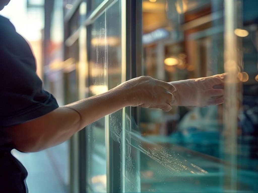 Technician squeegeeing clear security film onto a commercial storefront window